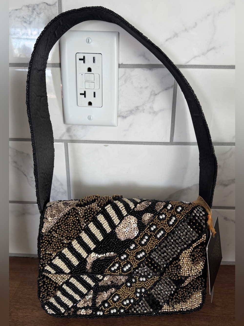 Embellished Black & Gold Beaded Shoulder Bag